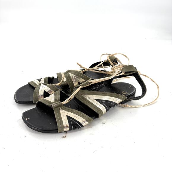 Fiorifrancesci Leather Wrap Sandals 9 Olive Green Gold Made in Italy - Picture 1 of 7